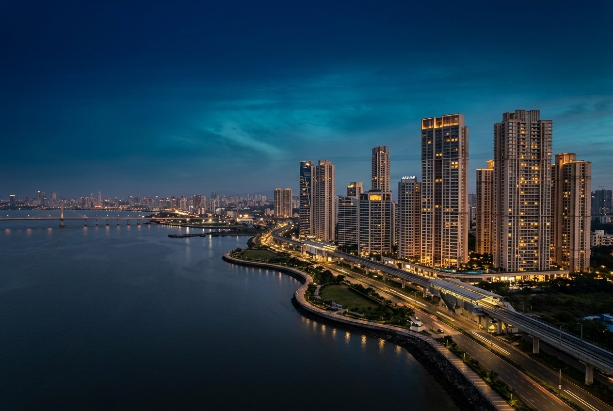 Premium Navi Mumbai skyline and modern residences at blue hour
